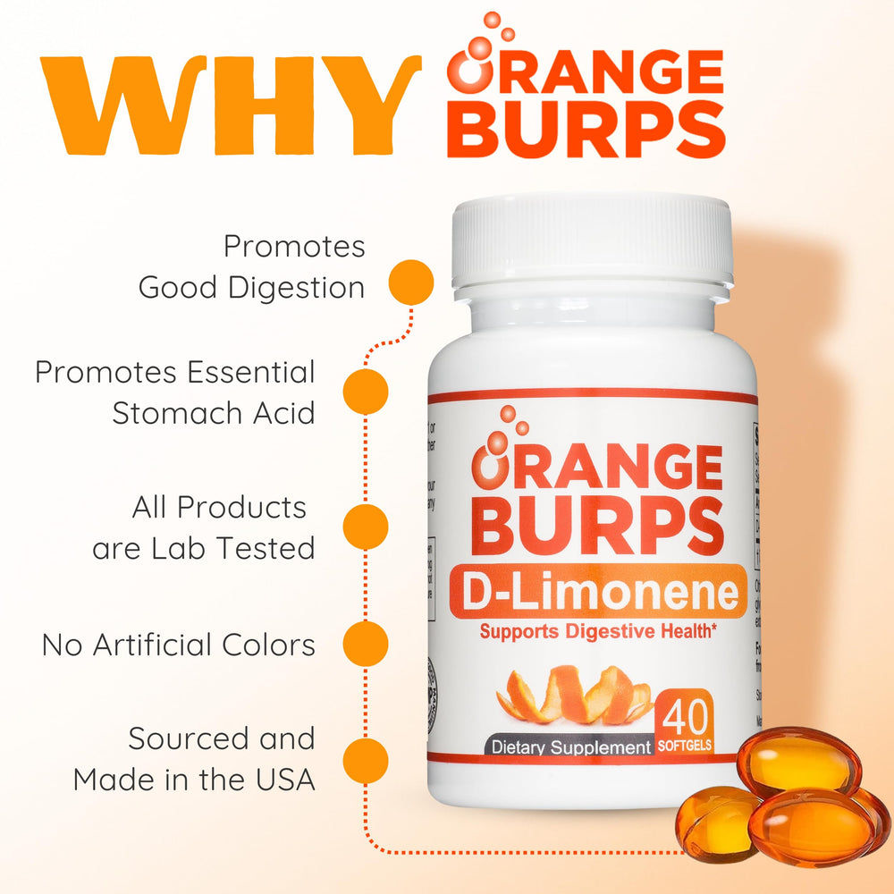 Label detail of Orange Burps noting GRAS status and natural ingredients.