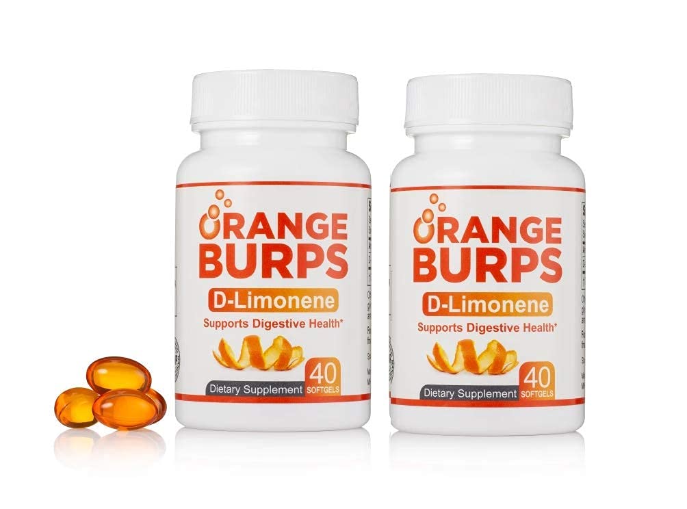 Orange Burps softgel bottle front view for convenient heartburn relief