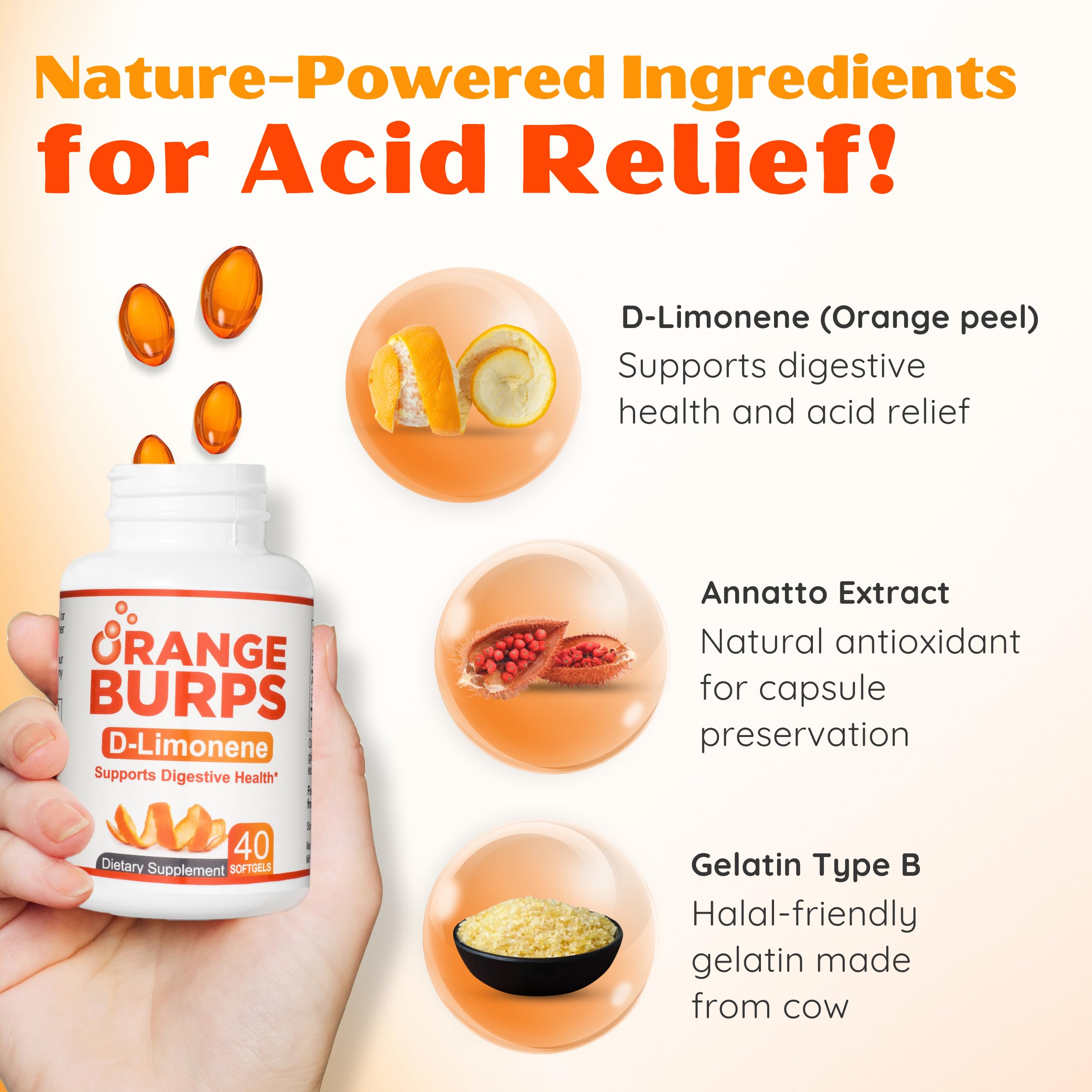 Pouring Orange Burps softgels shows convenient on-hand acid reduction option.