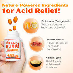 Pouring Orange Burps softgels shows convenient on-hand acid reduction option.