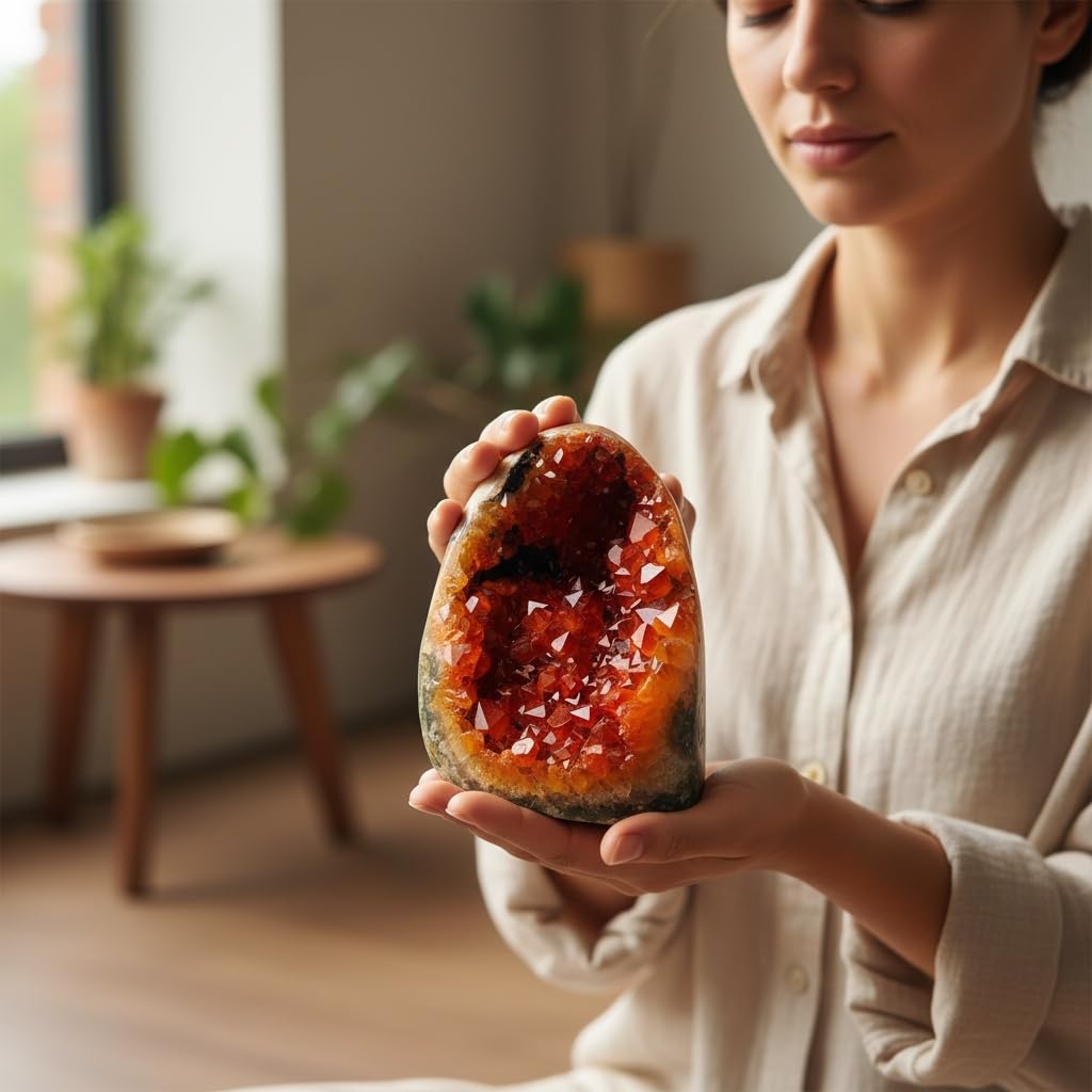 Orange Crystal Geode Cluster handcrafted edge showcases authentic natural texture.