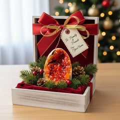 Orange Crystal Geode Cluster meditation space centerpiece encourages calm ambiance.