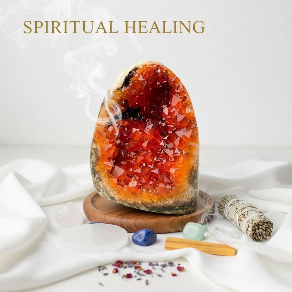 Orange Crystal Geode Cluster office decor highlights warm energy and style.