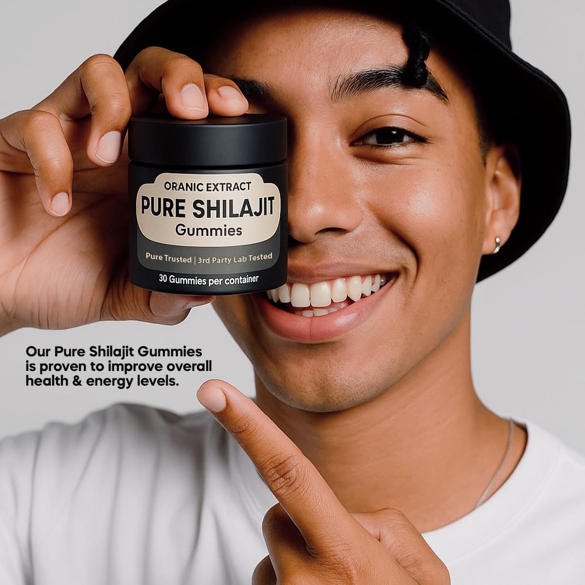 ORANIC EXTRACT Shilajit Gummies label closeup shows clean formula and non-GMO promise