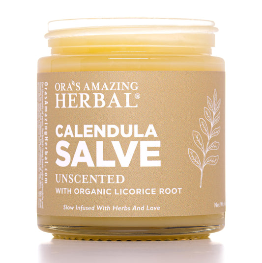 Ora's Amazing Herbal Calendula Salve jar for sensitive skin with coconut-free formula.