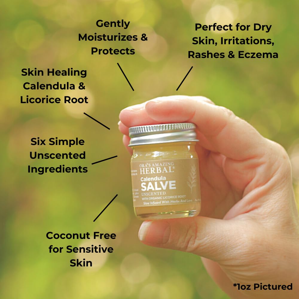 Closeup of Ora's Amazing Herbal Calendula Salve label highlighting gentle ingredients.