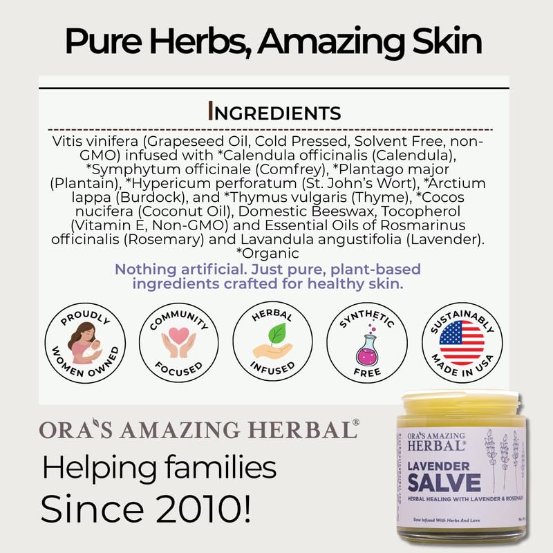 Ora's Amazing Herbal lavender balm packaging shown with glass container.