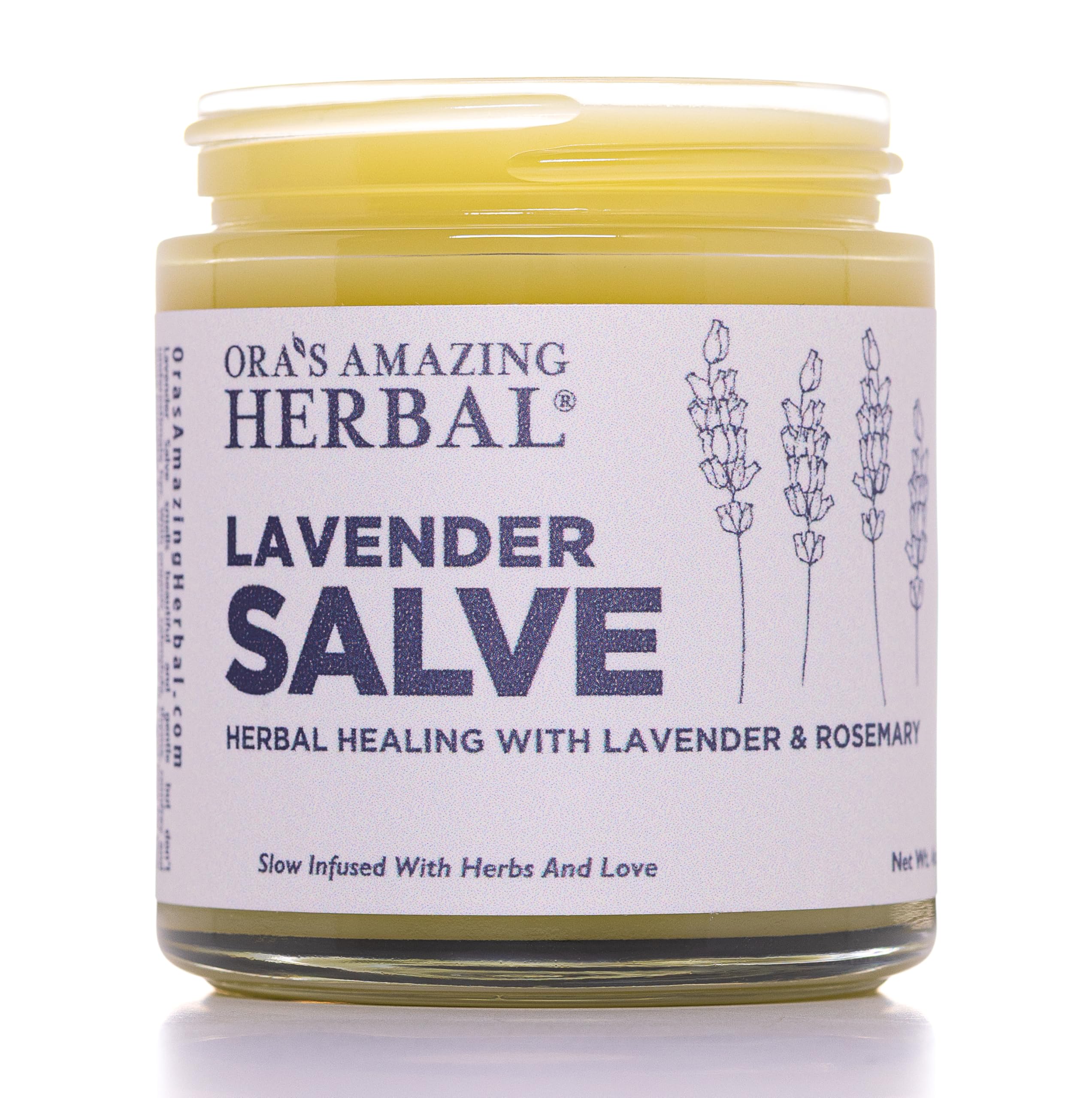Ora's Amazing Herbal lavender salve jar for soothing dry skin and calm evenings.