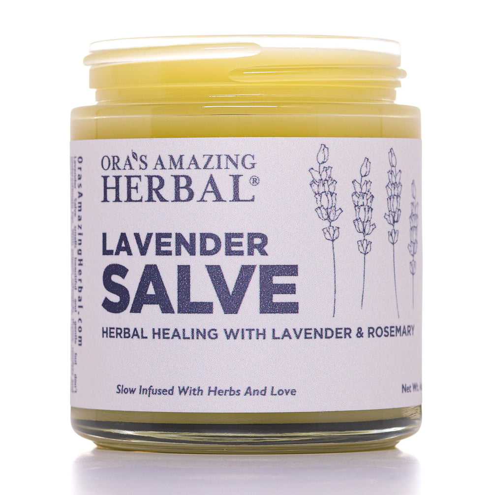 Ora's Amazing Herbal lavender salve jar for soothing dry skin and calm evenings.