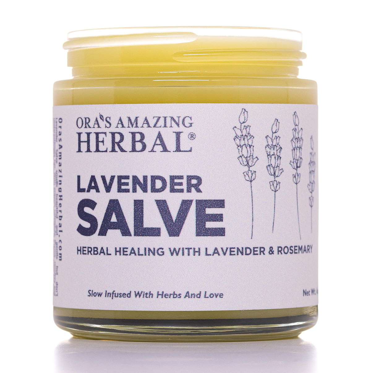 Ora's Amazing Herbal lavender salve jar for soothing dry skin and calm evenings.
