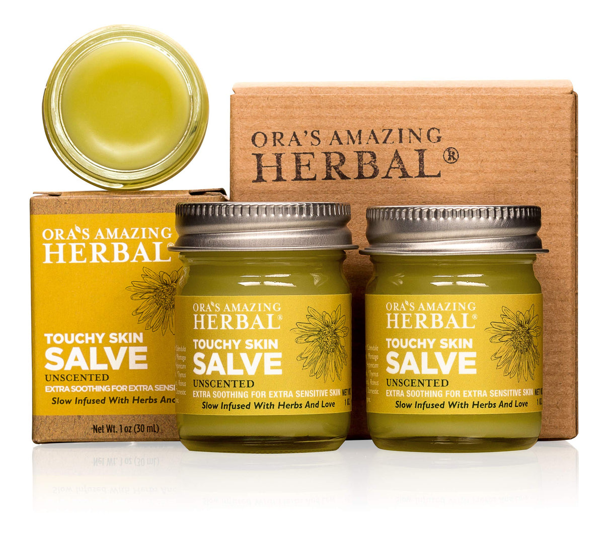 Ora's Touchy Skin Salve bottle for soothing dry skin