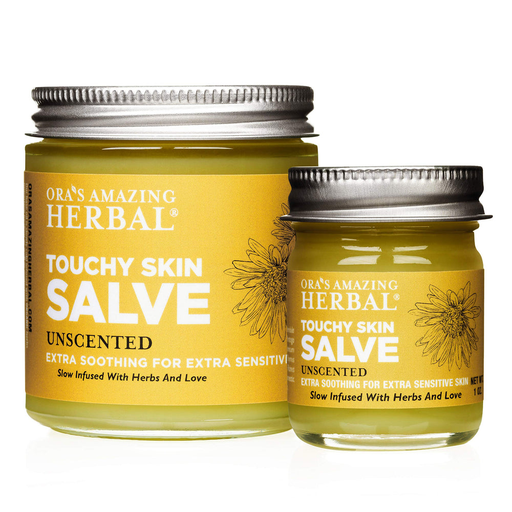 Ora's Amazing Herbal Touchy Skin Salve bottle for sensitive skin comfort