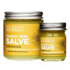 Ora's Amazing Herbal Touchy Skin Salve bottle for sensitive skin comfort