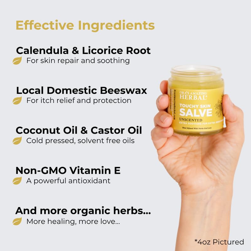 Ora's Amazing Herbal Touchy Skin Salve used for hand care on dry, cracked hands.
