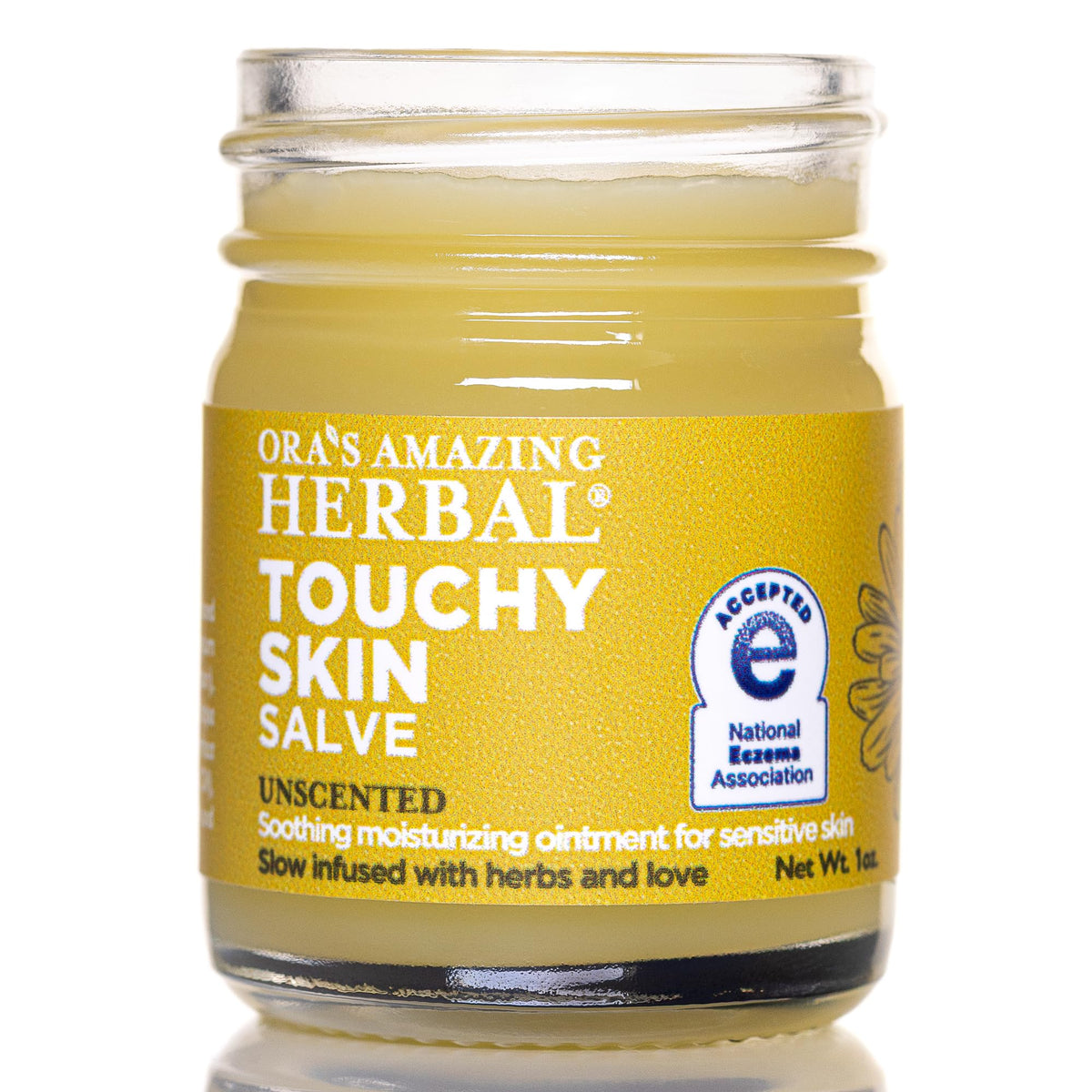 Ora's Amazing Herbal Touchy Skin Salve jar close-up, fragrance-free formula for sensitive skin relief.