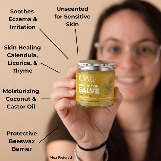 Ora's Amazing Herbal Touchy Skin Salve jar shows fragrance-free formula for dry skin