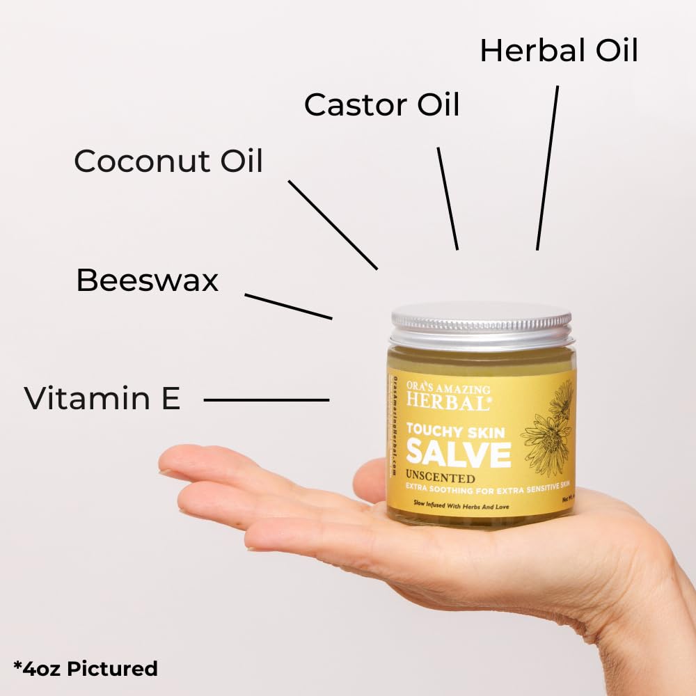 Ora's Touchy Skin Salve label close-up, unscented and fragrance-free