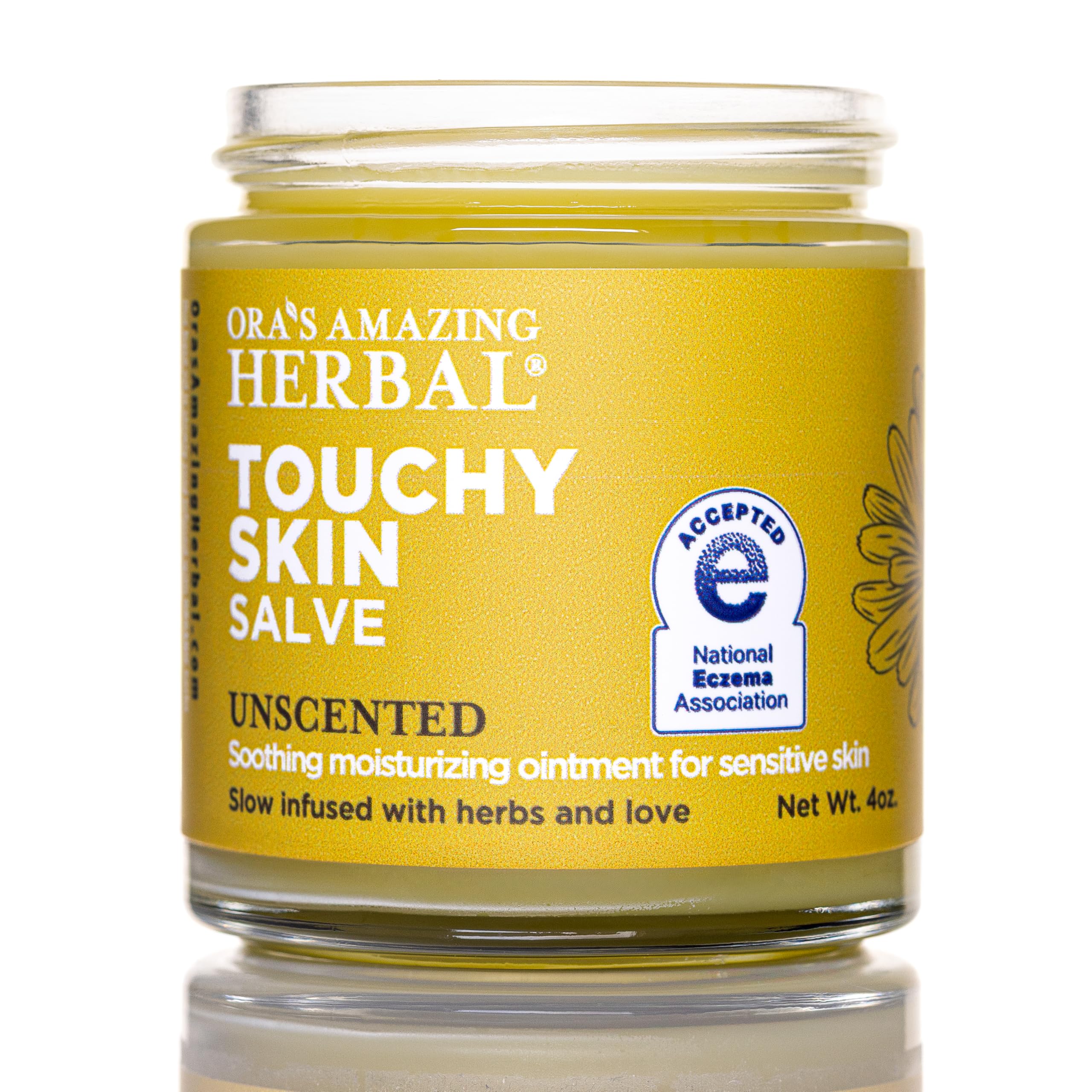 Ora's Amazing Herbal Touchy Skin Salve packaging shown for eczema-friendly daily moisture.