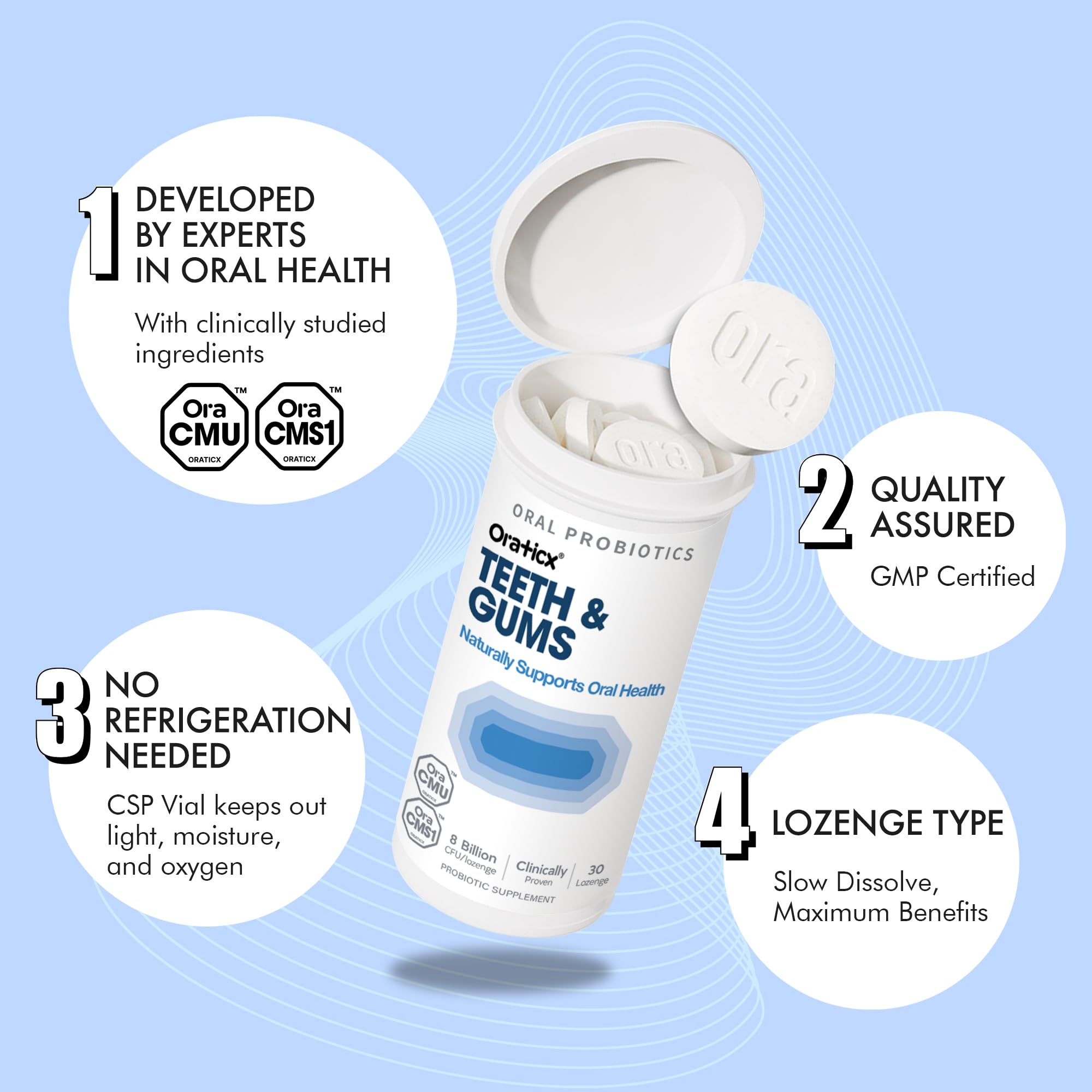 OraTicx 8B CFU probiotic may support immune health and oral balance.