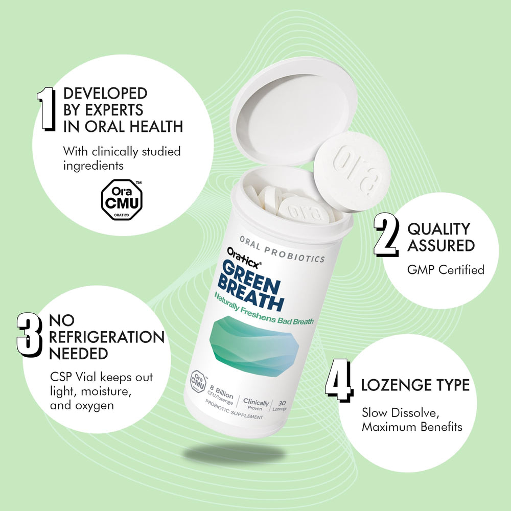 OraTicx oracmu probiotic bottle features patented strain for oral balance.