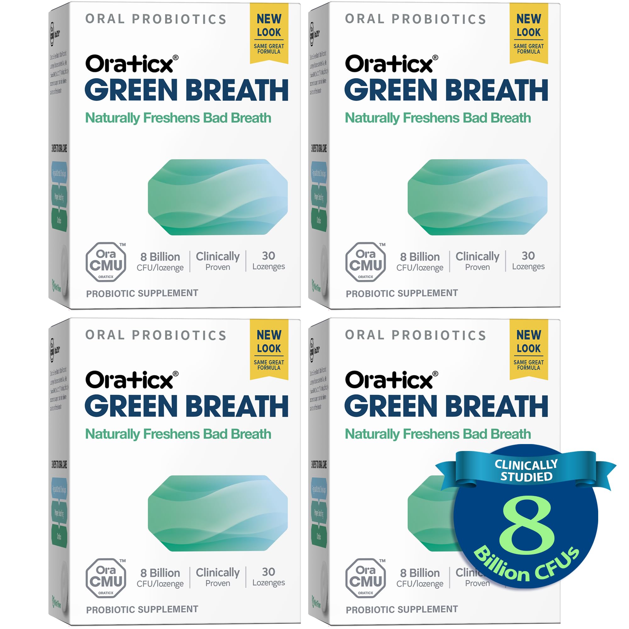 OraTicx oral probiotics bottle shows mint breath support and shelf-stable design.