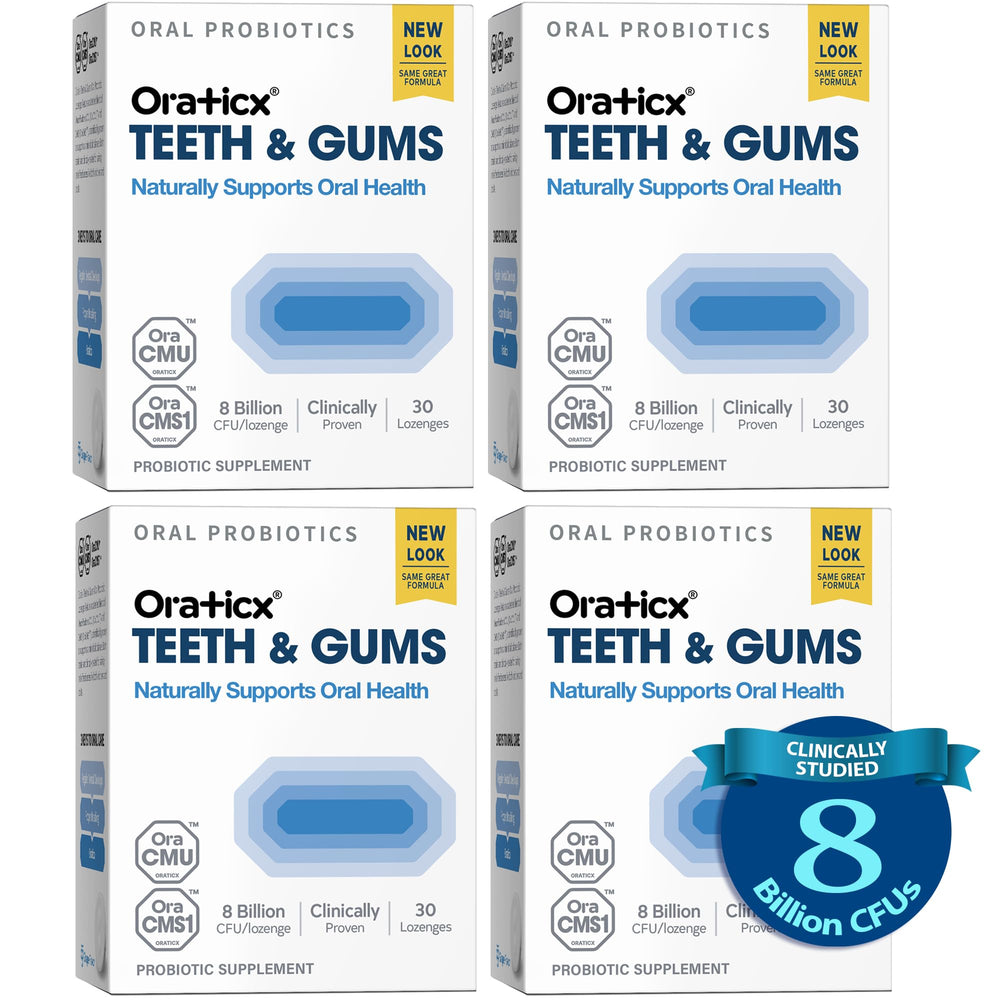 OraTicx Teeth & Gums probiotic grape lozenges for daily oral wellness.
