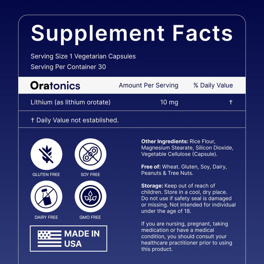 Oratonics lithium orotate capsules in a simple low-dose format for daily use