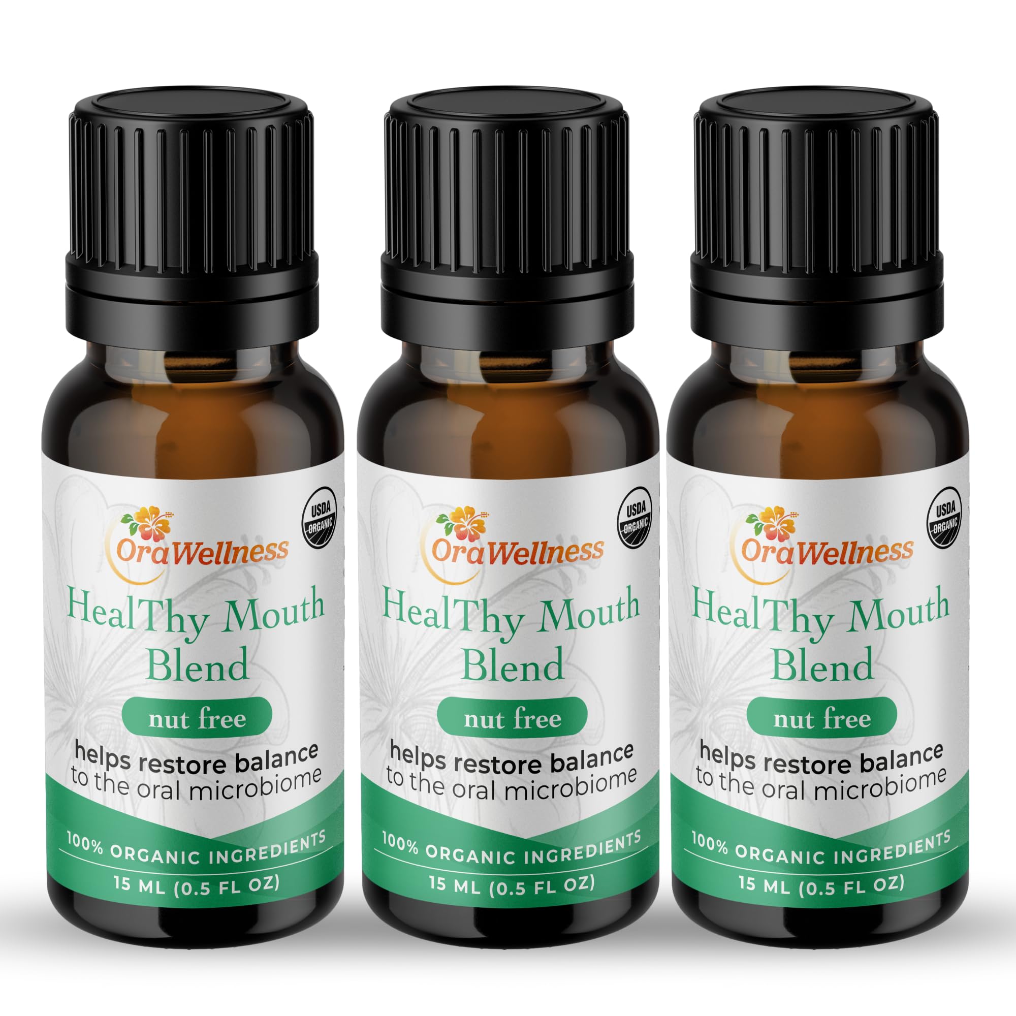 OraWellness Nut Free Healthy Mouth Blend bottle label shows organic ingredients for daily oral care