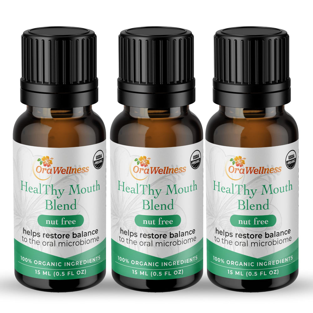OraWellness Nut Free Healthy Mouth Blend bottle label shows organic ingredients for daily oral care