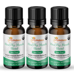 OraWellness Nut Free Healthy Mouth Blend bottle label shows organic ingredients for daily oral care