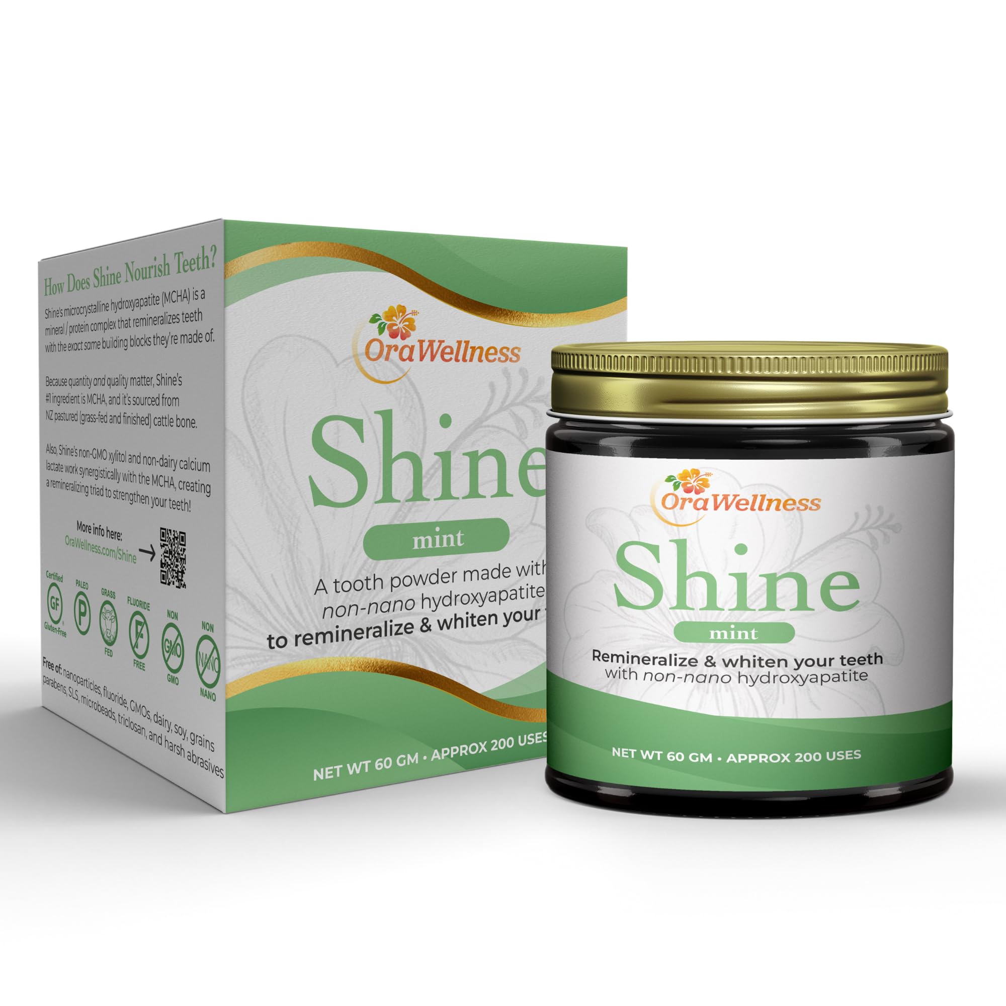 OraWellness Shine packaging showing fluoride-free whitening powder for natural brightness.