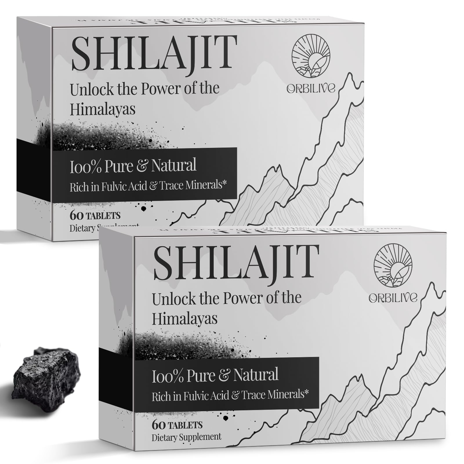ORBILIVE Shilajit tablets bottle front shows a 60-count supply for energy support