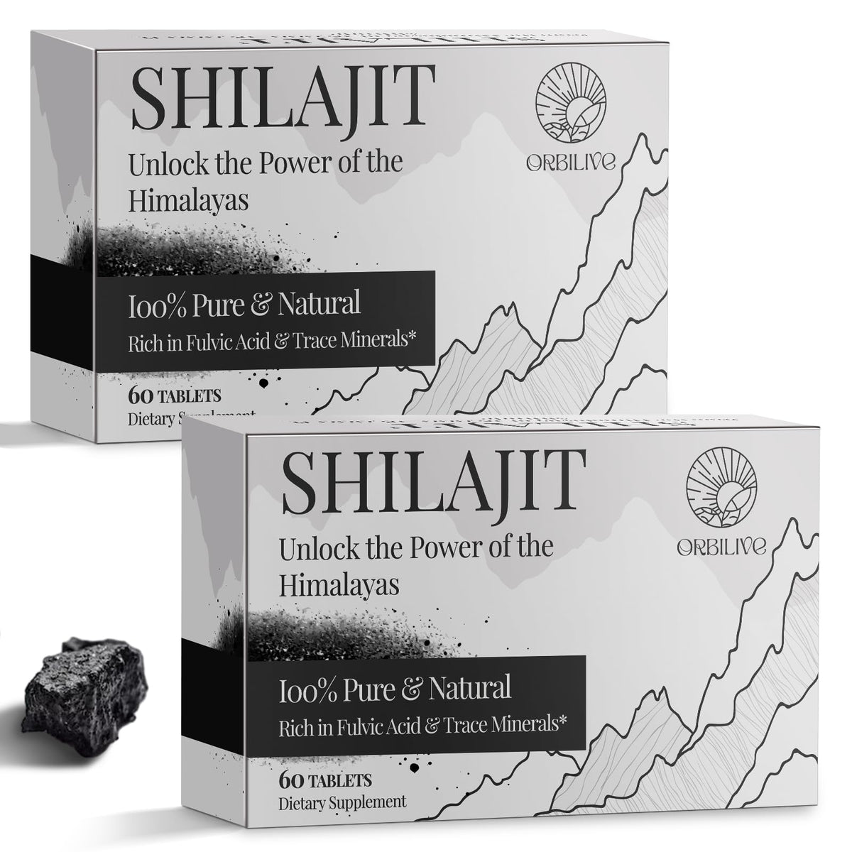 ORBILIVE Shilajit tablets bottle front shows a 60-count supply for energy support