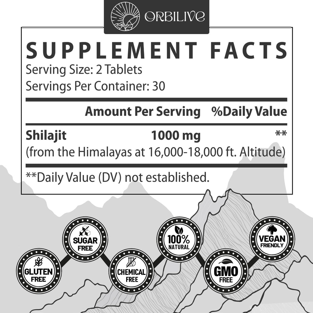 ORBILIVE Shilajit tablets closeup highlights mineral-rich formula for vitality