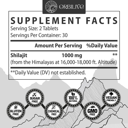 ORBILIVE Shilajit tablets closeup highlights mineral-rich formula for vitality