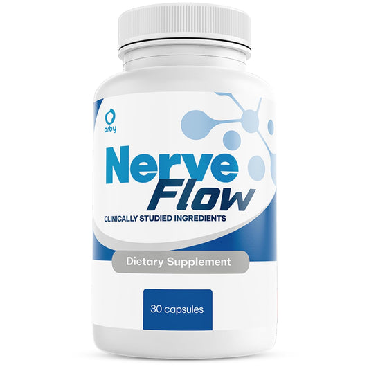 Orby NerveFlow bottle front view showcases daily wellness support in a GMP-certified formula.