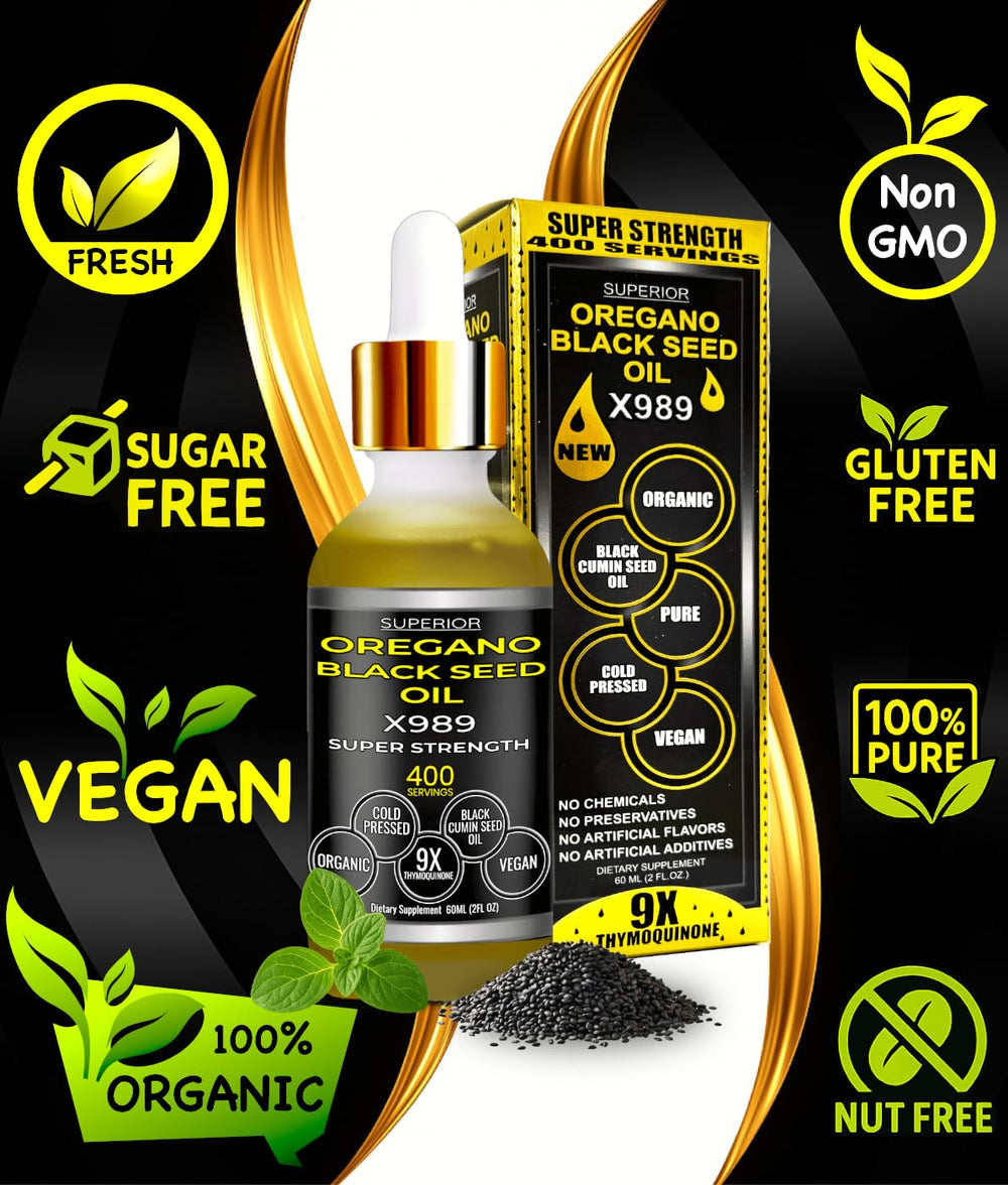 Oregano oil and black seed oil drops in glass bottle