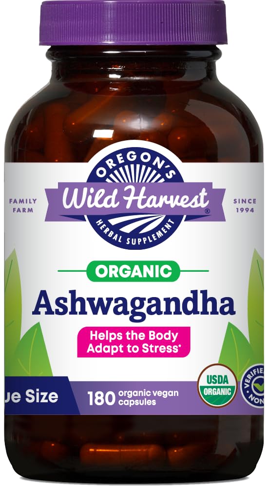 Oregon's Wild Harvest Ashwagandha bottle highlighting organic root for daily stress support.