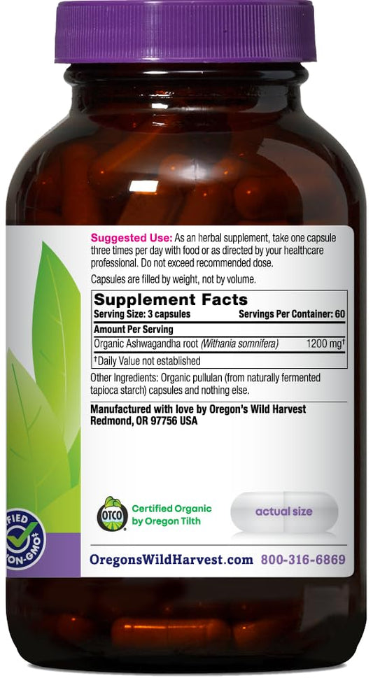 Close-up of Oregon's Wild Harvest Ashwagandha capsules showing 1200 mg per serving for energy balance.