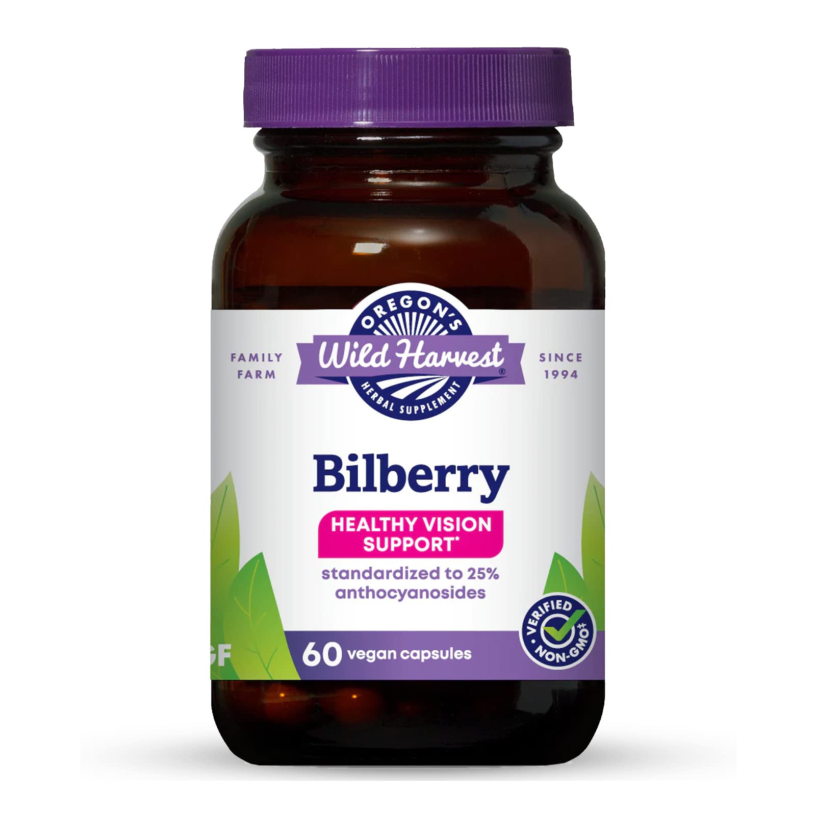 Oregon's Wild Harvest Bilberry bottle front displaying 640 mg bilberry blend for eye support