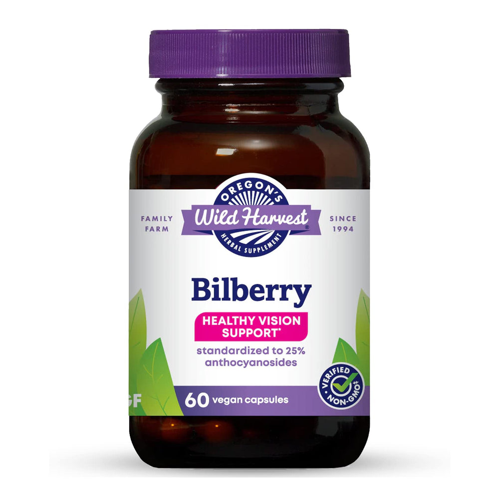 Oregon's Wild Harvest Bilberry bottle front displaying 640 mg bilberry blend for eye support