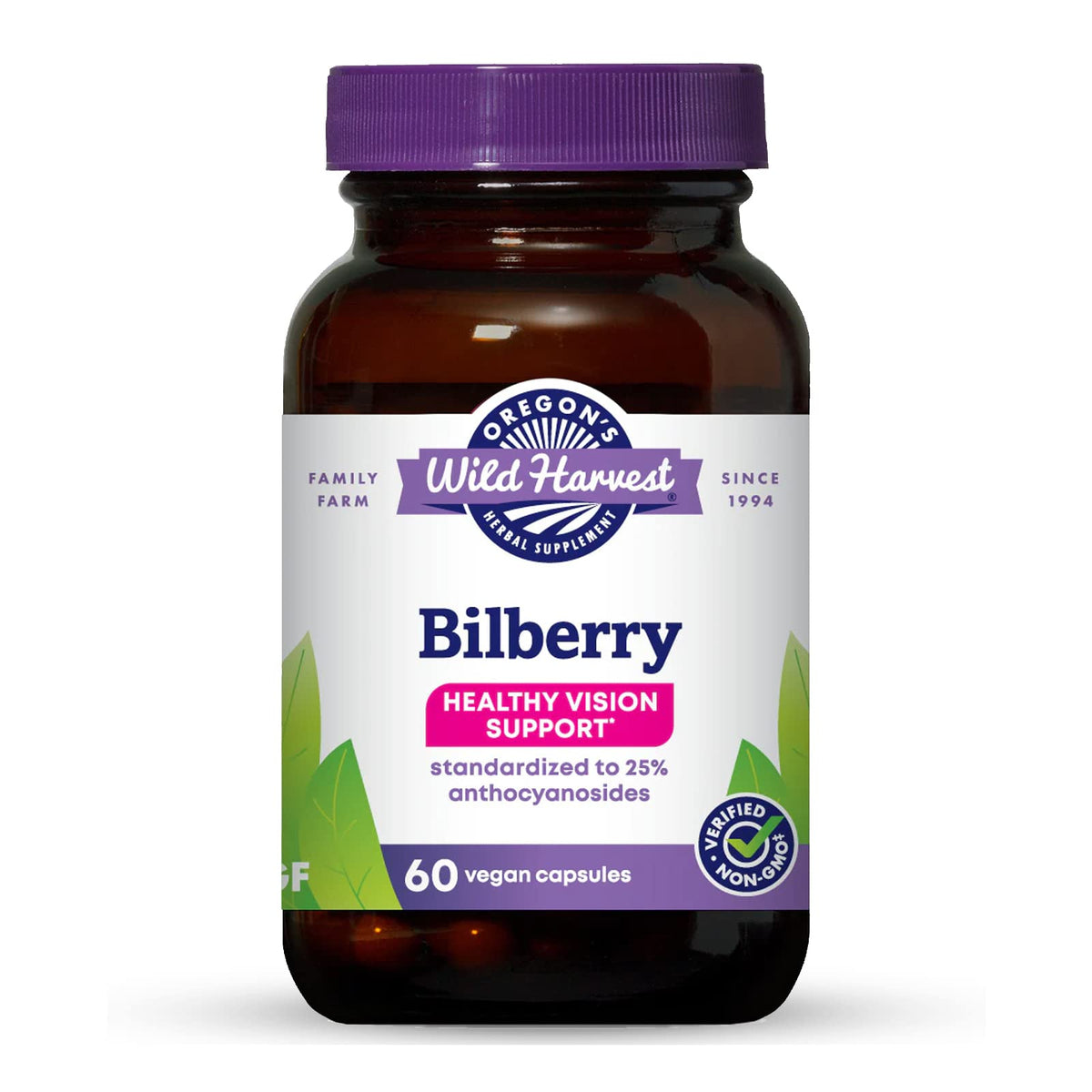 Oregon's Wild Harvest Bilberry bottle front displaying 640 mg bilberry blend for eye support