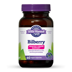 Oregon's Wild Harvest Bilberry bottle front displaying 640 mg bilberry blend for eye support
