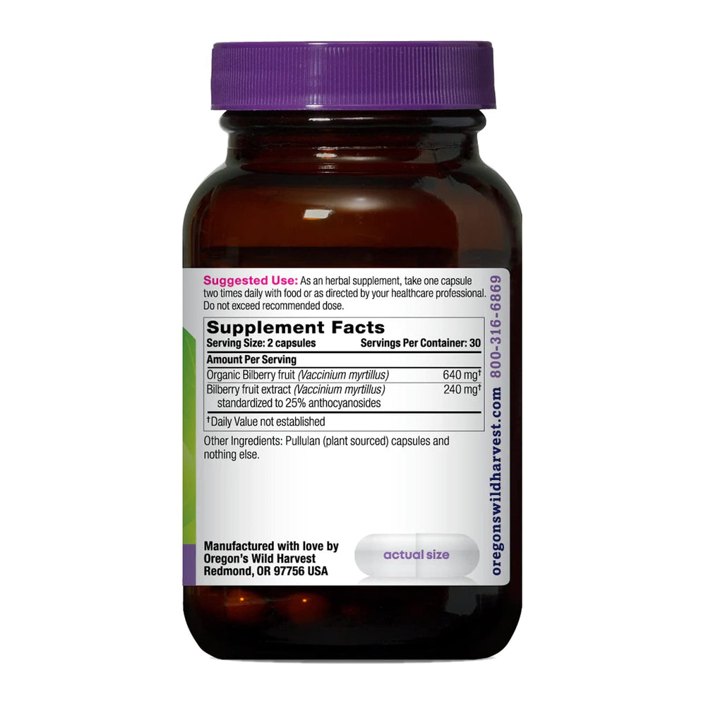 Oregon's Wild Harvest Bilberry label details highlighting vegan capsules for clean nutrition