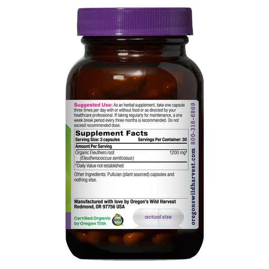 Oregon's Wild Harvest Eleuthero capsules pour shot showcases easy dosing for consistent use.