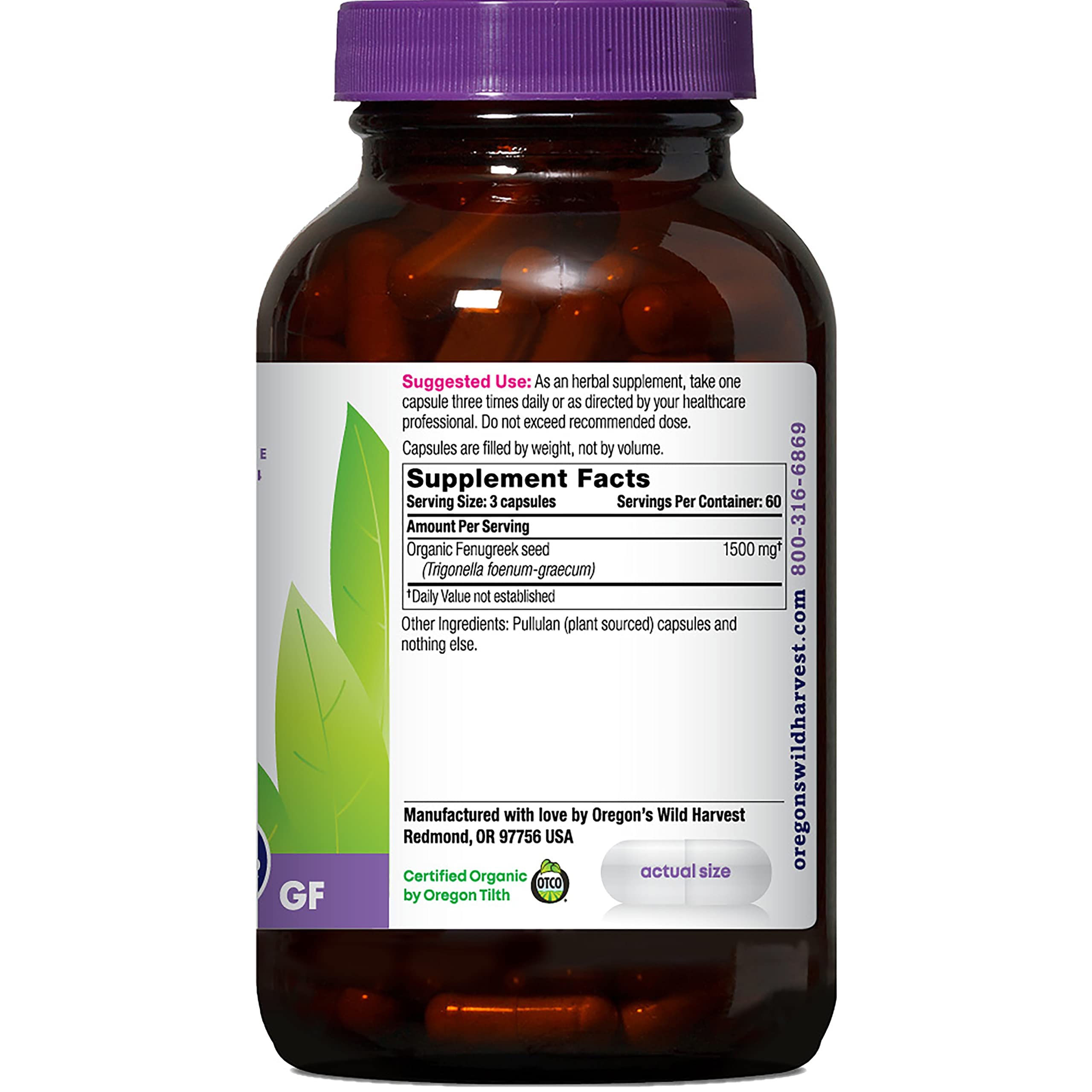 Oregon's Wild Harvest fenugreek capsules label showing organic Non-GMO quality.
