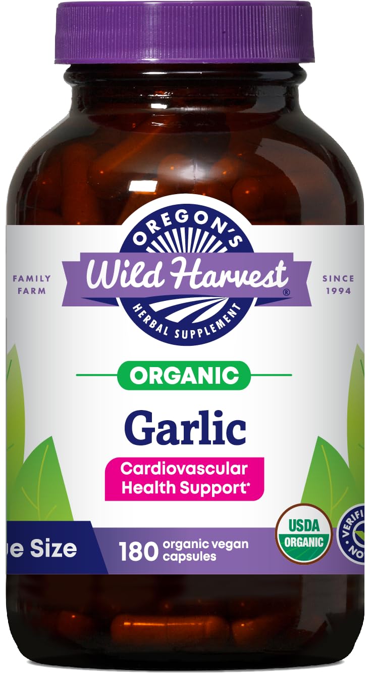 Oregon's Wild Harvest garlic capsules, 180-count bottle for convenient daily use.