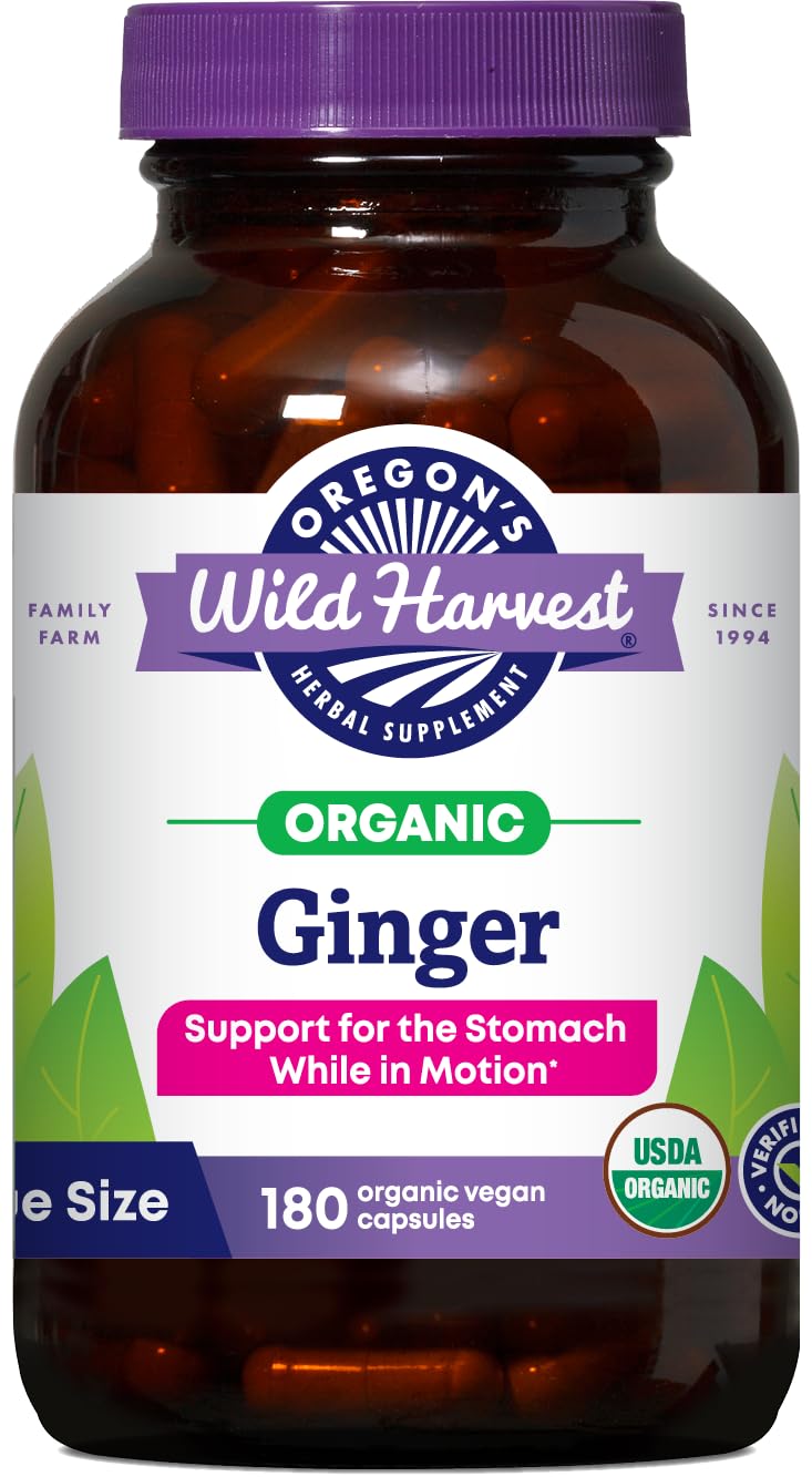 Oregon's Wild Harvest ginger capsules closeup, showcasing potent organic ginger for stomach support.