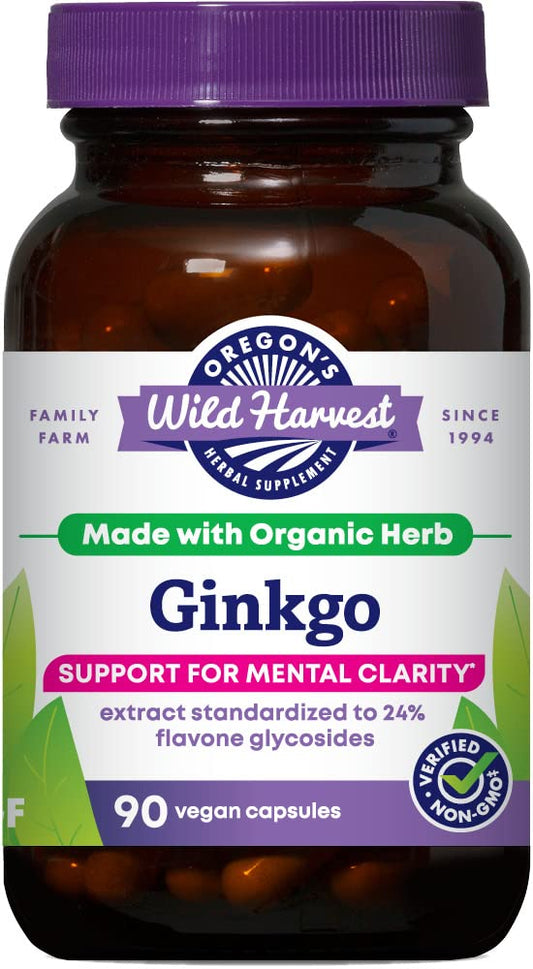Oregon's Wild Harvest Ginkgo capsules bottle shows organic blend for daily wellness