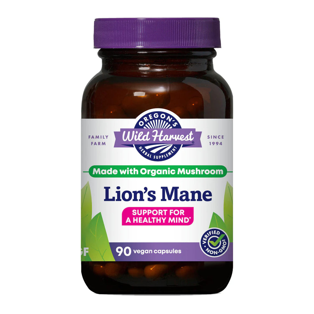 Oregon's Wild Harvest Lion's Mane capsules bottle for brain-friendly, plant-based support